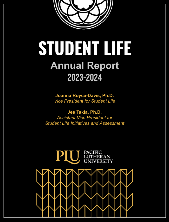 Cover of Student Life Annual Report (Black with white text & PLU logo)